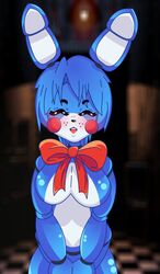 ^^ animatronic blue_hair blush bow_tie breasts closed_eyes female female_only five_nights_at_freddy's five_nights_in_anime fur happy large_breasts mairusu-paua mechanical open_mouth rabbit rabbit_ears robot rule_63 smile solo toy_bonnie_(fnaf)