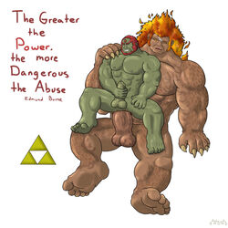 5_fingers abs anal balls bara biceps boner chair_position demise_(zelda) demon duo erection fire_hair from_behind ganondorf gay jmcstallion male male_only masturbation monster muscle muscles muscular nintendo nipples nude pecs penis quote sex size_difference skyward_sword sub_ganondorf the_legend_of_zelda triforce yaoi