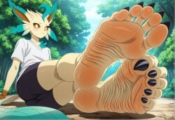 ai_generated anthro ass background barefoot beach black_toenails brown_eyes clothed curled_toes cute cute_face eeveelution eye_contact feet feet_focus feet_together foot_fetish forest fuealahomg furry green_fur happy high_resolution leafeon leggings legs lying lying_on_side nature nature_background pokemon pokemon_(creature) pokemon_(species) pov pov_eye_contact sexy sexy_pose showing_feet showing_soles shy soles solo solo_focus spread_toes thighs toenails toes wrinkled_soles yellow_body yellow_fur