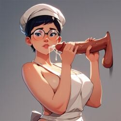 1girls ai_generated almost_naked apron apron_only barely_clothed big_breasts bottomless bottomless_male breasts breasts carmen_sandiego_(2019) carmen_sandiego_(franchise) chef_hat cleavage clothing cock female female female_focus female_only glasses glory_hole grabbing grabbing_penis handjob hat holding holding_penis huge_breasts julia_argent julia_argent_(carmen_sandiego) large_breasts looking_at_viewer mostly_nude naked_apron no_bra penis short_hair solo solo_female solo_focus spoon standing zupern0va_(manipper)