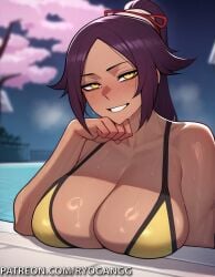 1girls 2d ai_generated alternate_breast_size big_breasts big_breasts bikini bleach bleach:_the_thousand-year_blood_war cleavage golden_bikini golden_eyes ponytail purple_hair ryogangg seductive seductive_look shihouin_yoruichi smirk yellow_eyes