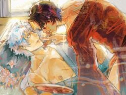 2boys brown_hair dongleng233 gay gintama gintoki_sakata hickey hickey_marks implied_sex japanese_clothes kimono male male_focus male_only nipple_chain nipple_piercing no_visible_genitalia on_back sakamoto_tatsuma scars scratches smile sunglasses sweat white_hair yaoi