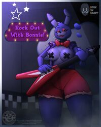 2025 2d 2d_(artwork) 2d_artwork anthro anthro_female artist_logo artist_name background beanontoast bonnie_(fnaf) breasts breasts_out buckteeth checkered_background dialogue female five_nights_at_freddy's furry furry_female genderswap_(ftm) genderswap_(mtf) guitar nipple_covers purple_body purple_fur purple_jacket rabbit_ears rabbit_girl red_bowtie red_eyeshadow red_lipstick red_shorts rule_63 shorts solo thick_ass thick_thighs