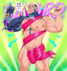 balls bara bulge flaccid hazard_(overwatch) male male_only muscles muscular nude_guy_wrapped_in_ribbons_standing_(meme) overwatch penis quuynart ribbons solo solo_male speech_bubble sweat sweating