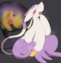 alternate_view ass_focus big_butt big_dom_small_sub blush bottom_heavy defeated facesitting furry looking_pleasured mienshao musk parupoke pikachu pokemon purple_fur red_cheeks red_eyes simple_background sweat sweaty_body sweaty_butt tail tears thick_thighs whiskers white_body yellow_fur