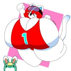 animal_crossing bunny cat_ears cat_tail catgirl ggil huge_ass huge_breasts kid_cat_(animal_crossing) large_ass large_breasts larger_female leotard posing red_clothing red_hair rule_63 sasha_(animal_crossing) simple_background simple_eyes white_body wink