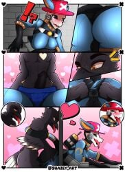 absurd_res anthro avian balls bird bone caracal caracal_(genus) clothing collar comic comic_panel corvid duo felid feline flopyro futanari genitals gynomorph gynomorph_penetrated hat headgear headwear heart_eyes heart_symbol hi_res intersex intersex/male intersex_penetrated latex latex_clothing latex_skinsuit libri male male_penetrating mammal oscine passerine penetration penis pyro_(team_fortress_2) shazey skinsuit skull skull_head tail tail_wrapped_around_body team_fortress_2 through_wall tight_clothing tongue tongue_out torn_clothing underwear valve