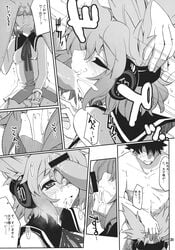 1boy all_the_way_to_the_base censored comic cum cum_in_mouth cum_in_throat deepthroat doujinshi earmuffs faceless faceless_male fellatio female fujii_jun head_grab highres monochrome oral panties penis petite short_hair side-tie_panties sleeveless straight text touhou toyosatomimi_no_miko translation_request underwear viewed_from_below