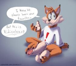 2025 anthro balls big_balls big_penis bobcat bottomless bubsy bubsy_(series) clothed clothing colored comic digital_drawing_(artwork) digital_media_(artwork) eddyratt english_text erection feet felid feline fur genitals hair huge_cock humanoid_genitalia humanoid_penis hyper hyper_genitalia hyper_penis keysquid lynx male mammal penis shaded shirt signature simple_background solo tail text topwear