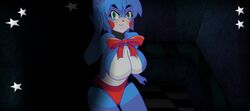 1girls animatronic blue_fur blue_hair bow_tie breasts female five_nights_at_freddy's five_nights_in_anime fur green_eyes huge_breasts large_breasts looking_at_viewer mairusu-paua mechanical rabbit rabbit_ears red_panties robot rule_63 smile solo toy_bonnie_(fnaf)