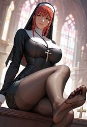 3d ai_generated big_breasts breasts chainsaw_man clothing feet feet_focus foot_fetish foot_focus makima_(chainsaw_man) nun nun_outfit pantyhose red_eyes red_hair smile smiling