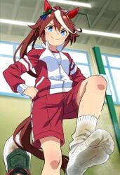 ai_generated animal_ears blue_eyes brown_hair dirty_socks feet feet_focus female horse_ears horse_girl horse_tail pov pov_taker smile smiling_at_viewer socks stepped_on sweat sweat_feet sweatdrop tokai_teio_(umamusume) umamusume umamusume_pretty_derby used_socks