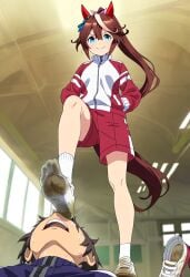 ai_generated animal_ears blue_eyes brown_hair dirty_shoes dirty_socks feet feet_focus female horse_ears horse_girl horse_tail pov pov_male pov_taker sarcasm_smile shoes smile socks stepped_on stepped_on_back stepping_on_face sweat sweat_body tokai_teio_(umamusume) umamusume umamusume_pretty_derby used_shoes used_socks