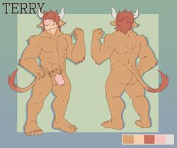 abs balls biceps big_muscles color_scheme flexing fur hair highland_cattle horn lucaloo male model_sheet muscular pecs penis pose pubes red_fur red_hair solo terry_(thorsoneyja) thick_penis uncut