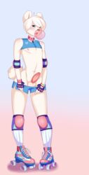 2015 anthro arm_pads balls bear blue_eyes blush booty_shorts boy_shorts bracelet bubble bubble_gum clothing collar color danni_(relolia) erection femboy fingerless_gloves front_view fur girly gloves hair heart humanoid_penis jewelry knee_pads legwear looking_at_viewer male mammal nipples partially_retracted_foreskin penis polar_bear presenting presenting_penis roller_skates shirt short_shirt shorts_down simple_background skates socks solo standing sweetpupperoo tank_top tight_clothing uncut underwear white_fur white_hair