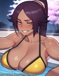 1girls 2d ai_generated alternate_breast_size big_breasts big_breasts bikini bleach bleach:_the_thousand-year_blood_war cleavage golden_bikini golden_eyes ponytail purple_hair ryogangg seductive seductive_look shihouin_yoruichi smirk yellow_eyes