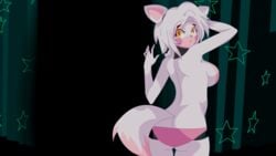 animatronic anthro ass back breasts female female_only five_nights_at_freddy's five_nights_in_anime fox fox_ears large_breasts looking_at_viewer mairusu-paua mangle_(fnaf) mechanical pink_panties robot rule_63 sideboob solo tail white_fur white_hair yellow_eyes