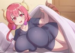 1girls alternate_version_available big_breasts black_shirt breasts dress_shirt female female_only hair hips horns huge_breasts ilulu_(dragon_maid) inviting_under_covers large_breasts looking_at_viewer miss_kobayashi's_dragon_maid on_side red_eyes red_hair sheet_grab sheets shirt short_hair shortstack smile solo solo_female spammayo tail thighs wide_hips