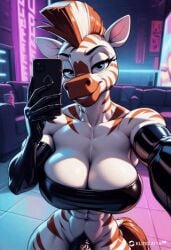 abs ai_generated animated anthro balls black_penis bra elbow_gloves futanari gif horsecock latex mohawk muscular nightclub penis phone selfie stripes tagme tubetop veins zebra