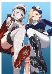 2girls absurdres arm_under_breasts azur_lane black_boots black_panties blonde_hair blue_background blue_eyes blue_hat blush bootjob boots border breasts cape censored commission cum cum_on_body cum_on_legs dress earrings english_commentary footjob fur-trimmed_boots fur-trimmed_cape fur_trim gloves gradient_background hair_between_eyes hand_on_own_chin hand_on_own_hip hat highres hood_(azur_lane) hood_(gentlewoman_and_stallion)_(azur_lane) jacket jewelry large_breasts long_hair long_sleeves looking_at_viewer military_uniform mosaic_censoring multiple_girls panties pants parallelrey peaked_cap penis riding_boots riding_outfit ring shoe_soles shoejob short_hair smile standing tanaka_atsuko thigh_boots tirpitz_(azur_lane) underwear voice_actor_connection wedding_ring white_boots white_border white_cape white_gloves white_hair white_hat white_pants