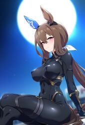 admire_vega_(umamusume) ai_generated animal_ears breasts brown_hair female half_ponytail horse_girl long_hair nipples_visible_through_clothing purple_eyes skin_tight skin_tight_suit umamusume umamusume_pretty_derby