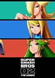 2015 3girls blonde_hair blue_eyes comic eyeliner female fight game goddess human lipstick makeup mario_(series) metroid multiple_girls nintendo palutena princess_rosalina samus_aran super_smash_bros. witchking00