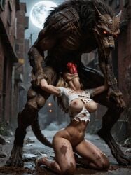 1boy 1girls ai_generated female_human female_human/male_feral female_human/male_monster feral_on_female feral_on_human full_moon interspecies interspecies_sex male_feral male_feral/female_human male_monster monster monster_on_female monster_on_human monster_penetrating noone3d petite slim slim_waist