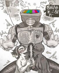 anon antennae_(anatomy) balls balls_fondling big_penis cum cumming cumshot cursing deltarune fondling_balls gloved_hands jacob's_ladder kissing_penis letttusse licking_penis male oc_x_canon penis robot_humanoid robot_penis self_insert size_difference spamtenna spamton_g_spamton tail tenna_(deltarune) text threesome tv_head y/n you