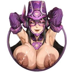 ai_generated armpits arms_behind_head black_hair breasts_bigger_than_head female galacta galacta_(marvel_rivals) large_areolae marvel_rivals purple_eyes self_upload taelf