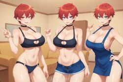 3girls ai_generated big_breasts big_breasts big_breasts blue_eyes breasts breasts breasts busty busty_female choker cleavage collar denim_skirt girls green_eyes jorgecarlosai multiple_girls naked_apron navel orange_eyes pick_one red_hair red_hair redhead_female sexy short_hair sisters skirt standing triplets unbuttoned underwear waifu watermark