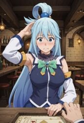 ai_generated aqua_(konosuba) aqua_eyes aqua_hair blue_eyes blue_hair clothed clothing echodantalian girl kono_subarashii_sekai_ni_shukufuku_wo! konosuba miniskirt story