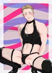 alternate_costume blonde_hair blush boots bulge bustier embarrassed fishnet_thighhighs fishnets full_body gintama hitotsubashi_nobu_nobu konekkkocha leather leather_clothing male male_only solo spread_legs squatting suspenders sweat thighhighs toned toned_male