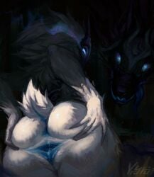 2d anthro ass ass_focus black_body black_fur blue_ass blue_eyes blue_pussy blush canine female focus focus_on_ass focus_on_pussy forest fur furry furry_female glowing_eyes kindred lamb lamb_(league_of_legends) league_of_legends long_ears long_tongue mammal mask public pussy pussy_focus pussy_juice riot_games sheep short_tail spread_ass spread_pussy tongue_out white_body white_fur wolf wolf_(league_of_legends) yryrushkaa