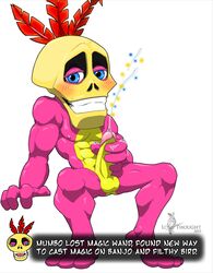 abs balls banjo-kazooie biceps blush cum english_text feathers lonethought magic magic_user male male_only masturbation mumbo_jumbo_(banjo_kazooie) muscular nipples pink_body shaman skull smile sparkles teeth text tribal_spellcaster yellow_belly