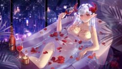 1girls bathing bathroom blush bottle breast_tattoo breasts candle city cleavage drinking_glass earrings female female_only flower_in_hair flower_petals horns huge_breasts indie_virtual_youtuber indoors light-skinned_female light_skin night nyxsis_(vtuber) petals petals_on_liquid pointy_ears ponpon_(ponponpabi_18/19_ponpon) red_eyes red_horns red_wine room rose_(flower) rose_petals solo succubus succubus_horns tattoo towel towel_only virtual_youtuber water white_hair windows wine wine_bottle wine_glass