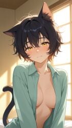 ai_generated bankonit bedroom black_hair blush cat_ears cat_tail catgirl cleavage collared_shirt female freckles freckles_on_breasts freckles_on_face indoors looking_at_viewer medium_breasts morning open_clothes open_shirt shirt short_hair sitting smile stable_diffusion yellow_eyes