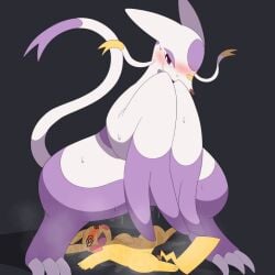 ambiguous_gender blush blushing_profusely bottom_heavy defeated embarrassed furry lying_on_floor mienshao pikachu pokemon post_facesit puddle purple_fur simple_background smirking soaked standing sweat sweat_pool sweaty_body tail thick_thighs whiskers white_body