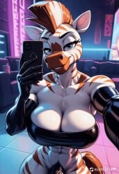 abs ai_generated animated anthro balls black_penis bra elbow_gloves futanari gif horsecock latex mohawk muscular nightclub penis phone selfie stripes tagme tubetop veins zebra