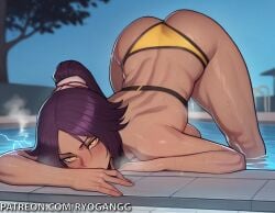 1girls 2d ai_generated alternate_breast_size ass_up_face_down big_ass big_butt bikini bleach bleach:_the_thousand-year_blood_war golden_bikini golden_eyes looking_at_viewer ponytail purple_hair ryogangg seductive seductive_look shihouin_yoruichi yellow_eyes yoruichi_stretch