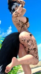 areola ass ass_focus aylen_dawn aylen_ffxiv belly_piercing bikini bikini_bottom butt_focus canid canine feet female female_focus female_only final_fantasy_xiv foot_fetish fox_ears fox_girls gpose(ffxiv) kemonomimi miqo'te musky naked nude piercing soles solo_focus sweat sweaty sweaty_ass sweaty_feet tomboy