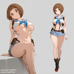 ai_generated badmood black_boots bob_cut brown_eyes brown_hair character_sheet huge_breasts kill_la_kill mankanshoku_mako navel pouch short_hair shoulder_holster sitting_with_leg_crossed sleeveless underboob utility_belt