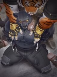 abs anthro anthro_only big_pecs big_penis boss_koji_(fortnite) clothed clothing domination erect_nipples erect_penis erection erection_under_clothes eye_scar felid fortnite gay male male_focus male_only mammal multiple_boys multiple_males multiple_penises muscular muscular_anthro muscular_male nipples oscar_(fortnite) pantherine pants pecs pecs_grab penis penis_outline raccoon21 shirtless submissive submissive_anthro submissive_male tail tiger veiny_penis yaoi