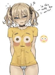 1boy ? absurd_res arms_behind_back black_choker black_ribbon blonde_hair blonde_male blunt_bangs blush blush_lines blushing blushing_at_viewer bulge bulge_through_clothing choker cowboy_shot ear_piercing emoji english_text erection erection_under_clothes fang femboy flushed_emoji_shirt flying_sweatdrops horny horny_male long_penis looking_at_viewer medium_hair meme mole mole_under_eye mole_under_mouth nabi_(nabibutter) nabibutter no_pants open_mouth original original_character otoko_no_ko penis_under_clothes piercing question_mark ribbon short_sleeves snaggle_tooth sweatdrop sweating text throbbing throbbing_penis trap twink twintails white_background