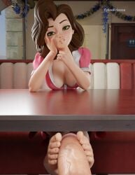 3d annie_hughes blender breasts brown_hair cybrokrimson erection feet foot_fetish footjob green_eyes looking_at_viewer penis the_iron_giant toes uncensored under_the_table