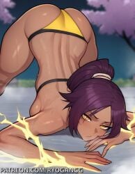 1girls 2d ai_generated alternate_breast_size ass_up_face_down bikini bleach bleach:_the_thousand-year_blood_war golden_bikini golden_eyes looking_at_viewer ponytail purple_hair ryogangg seductive seductive_look shihouin_yoruichi yellow_eyes yoruichi_stretch