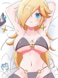 1girls big_breasts blonde_hair blue_eyes blush bra breasts cleavage clothed clothing female female_focus female_only mario_(series) nintendo princess_rosalina solo super_mario_bros. super_mario_galaxy yassrosalina