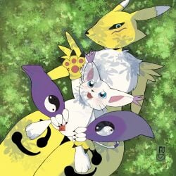 1:1 anthro bandai_namco canid canine digimon digimon_(species) digimon_ghost_game felid feline female female/female fiosapito gatomon hi_res mammal renamon