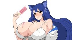 big_breasts blue_hair cat_ears catgirl hi_res ice_cream ice_cream_on_breasts large_breasts long_hair mole_under_eye moles_under_eyes snezha transparent_background virtual_youtuber vtuber white_bra yellow_eyes