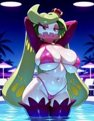 ai_generated bathing_suit big_breasts bikini curvaceous curvy_figure generation_7_pokemon micro_bikini night nintendo pokemon pokemon_(species) presenting presenting_breasts sirenia solo solo_focus swimming_pool tagme tsareena wet wide_hips