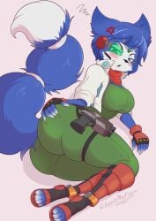 2025 absurd_res acessory anthro ass big_breasts blue_body blue_eyes blue_fur blue_hair blush boots breasts canid canine circlet clothing cross-popping_vein dipstick_tail electronics eyebrows eyelashes female fingerless_gloves footwear fox fur furgonomics gloves gun gun_holster hair hand_on_butt handgun handwear headphones headset hi_res jacket jasminthemanticore kerchief krystal krystal_(star_fox) looking_at_viewer lying lying_on_side mammal markings nintendo on_side open_mouth pistol ranged_weapon red_kerchief shoes solo star_fox tagme tail tail_accessory tail_band tail_markings white_body white_fur